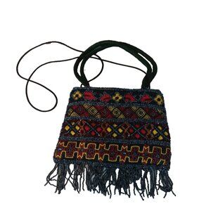Vintage Beaded Clutch Bag Purse Handbag  Black Red Yellow  Beaded Fringe